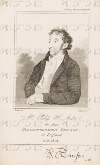 Mr. Philip H. Andre the first polyautographic printer, in England ad 1801., Portrait of Philip H. Andre, the first stone printer in England, illustration, print, printmaker: James Basire (II), after drawing by John Eckstein, 1808, paper, etching, engraving, etching and engraving, height 199 mm x width 122 mm, Print from: The Gentleman's Magazine: and Historical Chronicle. For the Year 1808., Person, Philipp André, printer, A sepia-toned engraved portrait of a seated man shown from the waist up within a rectangular frame, wearing a dark textured coat over a light ruffled shirt and resting his folded hands on a flat surface, with wavy hair held back by a thin band and a pair of small round glasses perched on his forehead, his face turned slightly to the side and set against a softly shaded background.