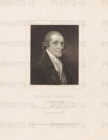 Portrait of William Charnley, bookseller in Newcastle upon Tyne, William Charnley, Bookseller Newcastle upon Tyne, print, printmaker: Thomas Frazer Ranson, after painting by Denis Brownell Murphy, 1817, paper, etching, engraving, etching and engraving, height 249 mm x width 165 mm, Person, book-shop, bookseller, A rectangular engraved portrait of an older man shown from the chest up, turned slightly to his left, set within a thin lined border on a light textured background; the man has short hair styled with rolled side curls, a high forehead, prominent eyebrows, and a composed expression, wearing a dark textured coat with wide lapels over a light high-collared shirt and cravat, with fine parallel engraving lines creating shading and detail.