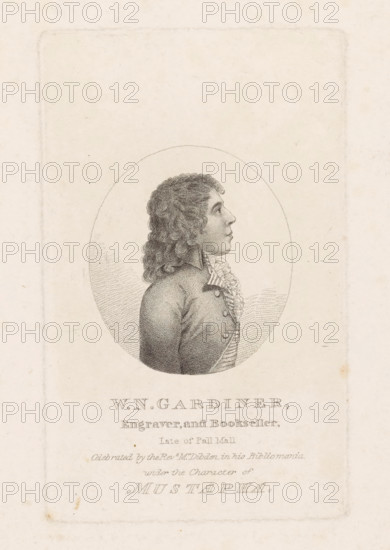 WN Gardiner, Engraver, and Bookseller, Late of Pall Mall, Portrait of William Nelson Gardiner, printmaker and bookseller in London, print, 1809 - c. 1825, printmaker, paper, etching, stipple work, etching with stipple work, height 167 mm x width 104 mm, Person, William Nelson Gardiner, portrait, self-portrait of graphic artist, A sepia-toned engraved portrait shows a person in profile facing right, depicted from the chest up inside an oval frame; the person has wavy shoulder-length hair, a high-collared coat with visible buttons, and a ruffled shirt front, with fine dot-and-line shading defining facial features and clothing, all set against a light, textured paper background with faint rectangular border marks around the page.