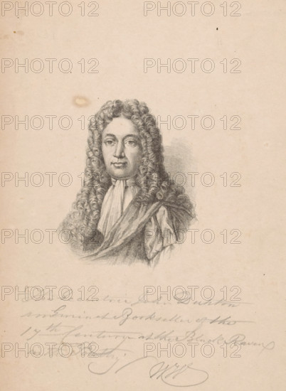Portrait of John Dunton, bookseller in London, print, annotation: 'The eccentric John Dunton, an Eminent Bookseller of the, 17th Century at the Black Raven, in the Poultry, c. 1825 - c. 1900, printmaker, paper, lithography, height 226 mm x width 164 mm, Person, John Dunton, book-shop, bookseller, A sepia-toned pencil or charcoal portrait of a person with long, tightly curled hair cascading past the shoulders, a smooth face with neutral expression, slightly arched eyebrows, and full lips, dressed in draped garments and a high-necked cravat, set against a plain background with faint shading to one side and some small blemishes on the paper.