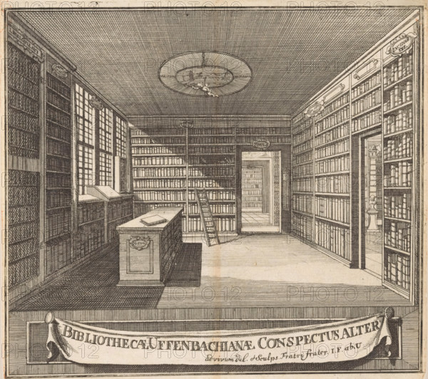 Title page for: Bibliotheca Uffenbachiana Universalis, 1729-1731, Bibliothecae Uffenbachianae conspectus alter, Library of Zacharias Conrad von Uffenbach, print, title page, Interior of the library of Zacharias Conrad von Uffenbach in Frankfurt am Main. The library consists of several rooms. In the front room stands a cabinet with maps. In the cabinet on the right are incunabula. A putto hangs from the ceiling., printmaker: Johann Friedrich von Uffenbach, publisher: Paul Heinrich Hort, Frankfurt am Main, publisher: Johann Balthasar Diehl, 1729 - 1731, Hessen, paper, etching, height 172 mm x width 187 mm, Title page for: Bibliotheca Uffenbachiana Universalis. 4 parts. Frankfurt am Main: Paul Heinrich Hort and Johann Balthasar Diehl, 1729-1731., cupids: 'amores', 'amoretti', 'putti', study, 'studiolo', library, An interior view of a room lined with tall bookshelves filled with uniformly sized volumes, a central island table with a closed book on top, a ladder leaning against a shelf, lar...