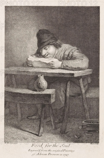 Food for the Soul, Reading farmer at a table, print, The farmer reads a letter or newspaper., printmaker: Thomas Major, after painting by Adriaen Brouwer, 1747, paper, etching, engraving, etching and engraving, height 185 mm x width 120 mm, farmers, reading, A monochrome engraved scene shows a person seated at a wooden table, leaning forward with forearms resting on the tabletop and holding a sheet of paper close to their face. The person wears a soft brimmed hat and a loose, long-sleeved garment with visible folds, and their facial features are rendered in fine line work with eyes directed at the paper. Under the table a rounded jug with a narrow neck sits on a lower plank, and a simple bench with angled legs is positioned in front of the table. The floor has a textured pattern and a shallow dish or basin rests to the side on the floor near a few small scattered objects. The background is uniformly shaded with crosshatch engraving, and the entire composition is detailed with dense par...