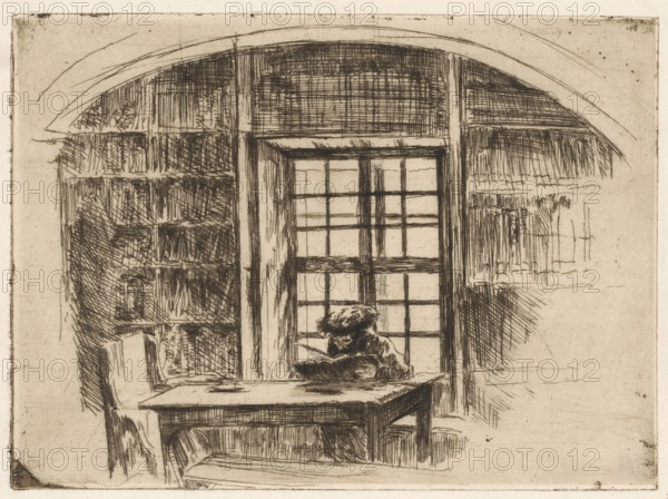 Beim Thorastudium, Torah study in Mukacheve, print, A Jewish man with a fur hat sits at a table in a study reading., watermark: 'Van Gelder fragment', signature, printmaker: Ernst Oppler (signed by artist), c. 1915, paper, etching, intaglio printmaking technique, etching with plate tone, height 129 mm x width 176 mm, study, 'studiolo', library, Jewish religion and culture, Ukraine, Mukachevo, A sketched interior view showing a tall arched window with many small panes flanked by shelves filled with stacked objects that resemble books, a table positioned before the window with an open book on it, and a seated figure leaning over the book wearing a textured hat; the scene is rendered in fine dark lines on a light paper background with crosshatching and sketch marks throughout.