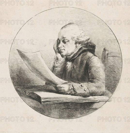 Portrait of a man, possibly Hugues-Adrien Joly, print, seated at his desk with a sheet of paper in his hand. This portrait possibly depicts Hugues-Adrien Joly, curator of the print cabinet of the Royal Library in Paris., inscription: 'HA Joly, garde du cabinet des estampes', c. 1750 - c. 1850, printmaker, paper, etching, height 172 mm x width 171 mm, historical persons, art collection, art gallery, A monochrome etching shows a seated figure inside a circular frame holding a large sheet of paper, the figure resting a hand against a cheek while gazing at the sheet; the person wears a high-collared coat with visible ornate cuff details and buttons, and hair styled back with soft waves. The chair back is partially visible behind the figure, and a stack of papers or a book lies on the table beneath the sheet. Crosshatched shading fills the circular background and the table area, and fine linework defines facial features, clothing folds, and the texture of the papers. The surrounding page ou...