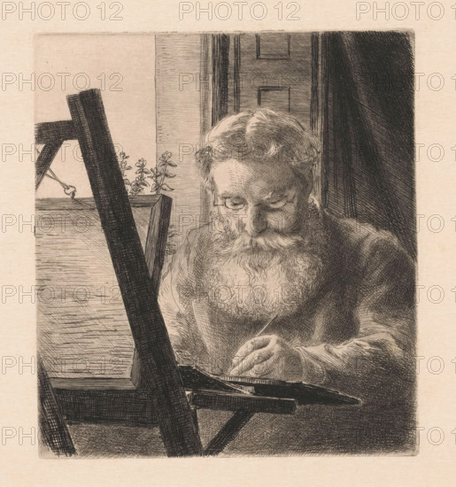 Portrait of artist Edwin Edwards, print, Portrait of the English artist Edwin Edwards at work behind an easel in front of the window. He is wearing glasses and in his left hand he holds an etching needle., printmaker: Félix Bracquemond, 1872, paper, etching, drypoint, etching and drypoint, height 164 mm x width 146 mm, Person, Edwin Edwards, tools, implements of graphic artist, artist at work, in his workshop, easel, A sepia-toned etching shows an older man with a long, curly beard and wavy hair leaning forward and looking down as he holds a thin tool over a flat surface, his furrowed forehead and closed eyes rendered with fine crosshatching; in the foreground an angled wooden easel or frame occupies the left side, and behind the man a paneled door and a dark curtain create vertical contrasts, while a small cluster of potted leaves peeks out near the middle left.