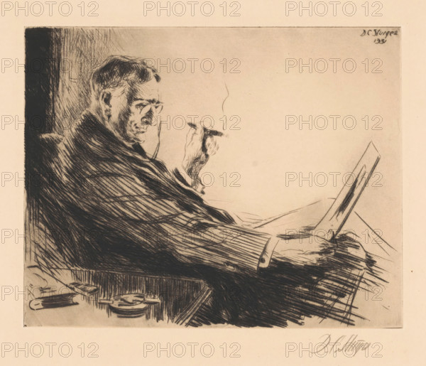 The printlover, Man looking at a print with a cigar in his hand, print, A seated man with a cigar in his left hand is looking at a print he holds in his right hand. In the foreground, a table with an ashtray and a book., printmaker: Dwight Case Sturges (signed by artist), publisher: California Society of Printmakers, San Francisco, 1931, North America, California, paper, drypoint, intaglio printmaking technique, drypoint with plate tone, height 221 mm x width 175 mm, eg: engraving, etching, lithograph, cigar, art collector (graphic arts), A sepia-toned line drawing of a seated man shown in profile, wearing round spectacles and a dark overcoat, holding a slender cigarette between fingers with a wisp of smoke rising, and resting an arm on what appears to be a slanted drawing board or book.