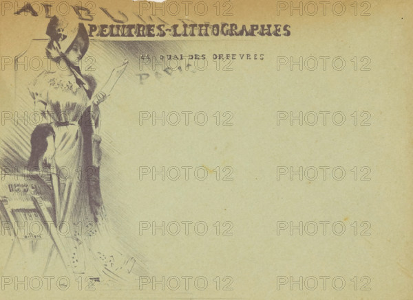 Woman with a print in her hand next to a print stand, print, envelope, printmaker: Henri Patrice Dillon, c. 1892, paper, lithography, lithography on green paper, height 149 mm x width 204 mm, In 1892 Henri-Patrice Dillon published l'Album des peintres lithographes in collaboration with Léonce Bénédite, curator of the Musée du Luxembourg and Jean Alboize, director of the magazine l'Artiste., art collecting, A faded paper background with a left-side sketch of a woman standing and holding a long, narrow object; she wears a hat with a wide brim and a dress with ruffled details and a belt, and a fur or dark stole drapes along one side of her body. The sketch shows shading lines and crosshatching around the figure and a partial easel or framed object near her lower side. The rest of the page is largely empty with scattered small spots and subtle paper texture.