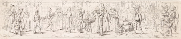 Crowd on a pier in Naples, Molo, Panorama with scenes from daily life in Naples, Panorama delle scene popolari di Napoli, print, Series number, 6, On the left, a customs office with sailors and a soldier in front of a guardhouse. In the middle, the stalls of a print dealer and a bookseller. On the far right, a woman walks arm in arm with a soldier; next to them, a boy dressed as a soldier. In the background, a beggar woman with a child on her lap and the quay wall with the harbor., printmaker: Karl Johan Lindström, Naples, 1831, paper, etching, height 92 mm x width 415 mm, pier, quay, wharf, private soldier, book-shop, bookseller, customs, seaman: sailor, art dealer (graphic arts), A wide horizontal engraving shows a crowded street scene with many standing figures in period clothing, including long coats, hats, bonnets, and military uniforms; several men wear tall hats and coats while one figure in the center foreground is dressed in a soldier’s uniform with a tall shako and a rifle; a...