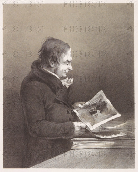 Portrait of artist Joseph Mallord William Turner, print, Portrait of artist Joseph Mallord William Turner viewing a print in the print cabinet of the British Museum., annotation: 'JMW Turner, Proof before letters, Drawn in the print room of the British Museum, Published by MM Holloway, Covent Garden', printmaker: Louis Haghe, London, after design by John Thomas Smith, publisher: Marseille Holloway (possibly), 1823 - 1852, paper, tone lithography, lithography in black with tone block in beige, proof print, height 471 mm x width 350 mm, Person, Joseph Mallord William Turner, portrait, self-portrait of artist, eg: engraving, etching, lithograph, British Museum, A monochrome drawing of a man in profile seated at a table, wearing a dark coat with a high collar and a light-colored neck cloth, his hair unkempt and his face turned down toward a sheet of paper he holds, the paper showing shaded illustrations and resting above a stack of other papers on the table.