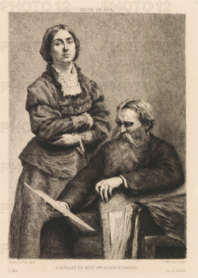 Portraits de Mr et Mme Edwin Edwards, Portrait of artist Edwin Edwards with his wife, illustration, print, Portrait of the English artist Edwin Edwards seated next to an open folder, a print or drawing in his right hand. Next to him stands his wife, Elizabeth Ruth Edwards née Enscombe., printmaker: Louis Monziès, after painting by Henri Fantin-Latour, printer (person): Alfred Salmon, Paris, 1875 - 1889, printer (person), paper, etching, height 219 mm x width 157 mm, Print from: L'art: revue hebdomadaire illustrée. The painting by Fantin-Latour was shown at the Salon in Paris and the Royal Academy in London in 1875. Today, the painting is part of the collection of the Tate (N01952)., Person, Edwin Edwards, Elizabeth Ruth Edwards, portrait, self-portrait of artist, A monochrome etching shows a seated older man with a long beard and mustache wearing a dark jacket and leaning forward while holding a sheet of paper, and a standing woman beside him with folded arms, wearing a dress with a hi...