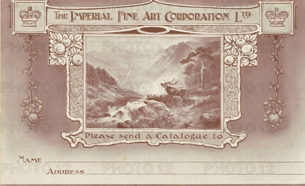 Order card from The Imperial Art Corporation, print, photograph, postcard, Painting of a deer in a landscape in a frame with fruit and two crowns., after painting by Ernest Walbourn (possibly), after design by anonymous, c. 1900 - c. 1925, printmaker, photographer, paper, autotype, height 81 mm x width 133 mm, hoofed animals: deer, A decorative sepia-toned design featuring an ornate rectangular frame with patterned borders and floral motifs surrounding a central landscape image of a river flowing through a valley with mountains in the distance and a stag standing on a grassy bank near trees, flanked by vertical vine-like garlands ending in clustered round fruit shapes, with ornamental crests at the top corners and ornamental scrollwork extending below the central image above a blank lined area.