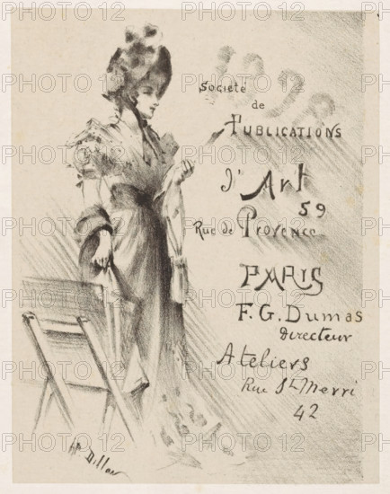 Woman looking at a print, next to her a print stand., print, Advertising poster for the Societé de Publications d'Art. Possibly a New Year's greeting., printmaker: Henri Patrice Dillon, 1898, chine collé, paper, lithography, lithography on chine collé, height 183 mm x width 143 mm, art collecting, eg: engraving, etching, lithograph, A charcoal sketch of a woman standing in profile wearing a wide hat with decorative elements and a high-collared dress with puffed sleeves; she holds a long, thin object in one hand and a small bag in the other, and a folding chair is sketched nearby; the right side of the image shows shaded, textured marks and flowing handwritten script rendered in dark charcoal.