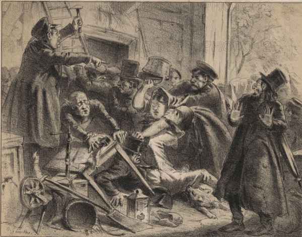 Argument during a household goods auction, Auction, print, An argument broke out during a public auction of household goods. A woman hits a man lying on the ground with a basket. On the right, a caricature of a Jewish man holding his hands up in shock. From the caption it appears that he is making an allusion to the double meaning of the word 'to strike'., printmaker: O. Günther, printer (person): Arnz & Co., Düsseldorf, 1820 - 1858, printer (person), North Rhine-Westphalia, paper, lithography, lithografie, height 180 mm x width 209 mm, auction sale, public sale, caricatures (human types), fighting, the Jews, Jewish life, A crowded charcoal scene shows several men and a woman in a chaotic indoor setting with scattered objects on the floor. A man on the left stands on a raised surface holding a hammer and pointing, wearing a long coat and cap. Other men wear top hats or caps and are in various poses of pushing, reaching, or recoiling; one man leans forward with hands outstretched, anoth...