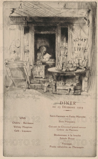 Menu for Les Cent bibliophiles, print, menu, In the doorway of his shop sits a bookseller reading. Outside under a canopy stand a print stand and a table full of books., watermark: 'Eug. Delâtre', printmaker: Auguste Brouet (signed by artist), printer (person): Eugène Delâtre, 1919, printer (person), paper, drypoint, roulette, intaglio printmaking technique, letterpress printing, drypoint with roulette and plate tone, text in letterpress, height 219 mm x width 132 mm, Menu for a dinner organized by Les Cent bibliophiles on December 23, 1919., reading, book, book-shop, bookseller, A pencil sketch of an interior scene showing a recessed doorway with a person seated inside reading a book, surrounded by shelves and stacks of books, with a round table piled with more books in front, a folding chair to the left, crates of books on the floor, and a sign on the wall to the right; the lower portion of the image shows printed menu text.
