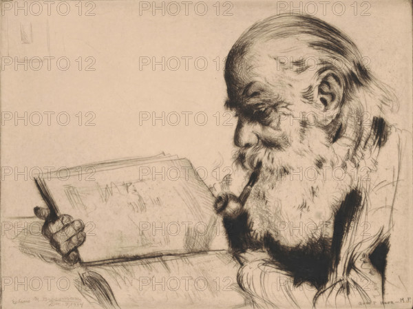 Old man with a pipe, reading a book, Quiet Hour, print, watermark: 'France', printmaker: Elias M. Grossman (signed by artist), 1934-12-09, paper, drypoint, intaglio printmaking technique, drypoint with plate tone, height 138 mm x width 182 mm, reading, pipe, tobacco, book, old man, A detailed pen-and-ink sketch of an elderly man shown in profile holding an open book with one hand while smoking a pipe, his face framed by a long beard and thinning swept-back hair, deep lines and textured strokes emphasizing his brow, eye area, and cheek, with cross-hatching and loose sketch lines creating shadow and form, the book rendered with quick angular strokes and the hand gripping its edge, all set against a plain background.