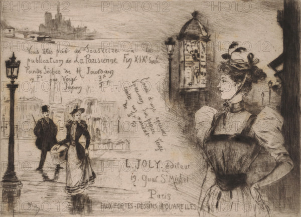 Publisher's prospectus for La Parisienne fin XIXe siecle by Henri Jourdain, print, Right a woman with a hat with an advertising column in the background. Left a man and a woman on the Place de la Concorde. Above a view of the Seine with Notre-Dame in the background., printmaker: Henri Jourdain, Paris, 1874 - 1931, Henri Jourdain, printmaker, paper, drypoint, intaglio printmaking technique, drypoint with plate tone, height 144 mm x width 198 mm, ornamental fountain, poster-pillar, Place de la Concorde, Notre-Dame (Paris), A detailed ink drawing shows a street scene with a woman in profile on the right wearing a high-necked dress with puffed sleeves and a hat decorated with feathers, her hair styled in an updo and her hand resting at her waist; to the left two figures stand near a lamppost, one wearing a top hat and the other a skirted outfit and hat, with a bucket beside them and reflections on wet pavement; in the midground there is a decorative cylindrical kiosk with posters and a nea...