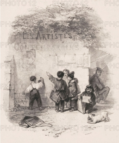 Children in front of a wall, Les Artistes, Souvenirs d'Artistes, print, Series number, 460, Five children are standing in front of a wall. One of them is drawing a caricature on the wall, the other children are carrying folders with prints or drawings. Around the corner, a print dealer is sitting under a canopy. Part of his stock hangs on a rope on the wall. In the foreground, a dog., printmaker: Eugène Leroux, Paris, printer (person): Victor Jacques Bertauts, 1834 - 1880, Eugène Leroux, Victor Jacques Bertauts, printmaker, printer (person), chine collé, paper, lithography, lithography on chine collé, height 439 mm x width 313 mm, 'Les Artistes Contemporains' is written on the wall. This is probably a reference to the organization of the same name of which Leroux was a co-founder in 1834., dog, children's games and plays, street-trader, art dealer (graphic arts), A pencil drawing of a street scene with a group of children gathered near a wall under a tree canopy, one child pointing whi...
