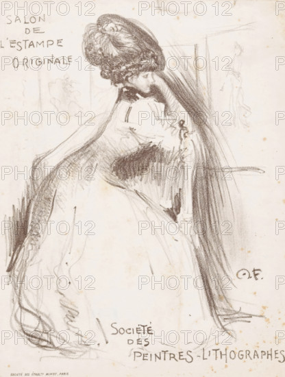 Invitation to an exhibition of work by Henri Fantin Latour at the Grand Palais, print, invitation, Invitation to the opening on Saturday, February 17, 1906, of the sixth Salon de l'Estampe Originale at the Grand Palais des Champs-Élysees. At this exhibition, organized by the Société des Peintres-Lithographes, the lithographic work of Henri Fantin Latour was displayed. With text on the inside of the invitation., printmaker: Monogrammist MF (France), printer (person): Imprimerie J. Minot, Paris, Monogrammist MF (France), Imprimerie J. Minot, printmaker, printer (person), paper, lithography, lithography in brown, text in green on the inside of the invitation, height 181 mm x width 138 mm, art collecting, eg: engraving, etching, lithograph, exhibition, show, A charcoal sketch of a woman shown in profile wearing a large, textured hat and a loose flowing garment, her head slightly bowed and her arm raised toward her face, with heavy shading along her back and hat and lighter, sketchy lines s...