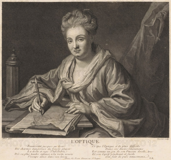 l'optique, Portrait of Anne Allou drawing, print, Portrait of Anne Allou (née Raguenet), the wife of artist Gilles Allou, with a chalk holder in her right hand. She is drawing an anamorphic image, a distorted representation that looks realistic when using the reflective cylinder standing in the background. With caption in French., number: 'No. 345', printmaker: Michel Dossier, after painting by Gilles Allou, publisher: Henry Louis Basan, Paris, 1737 - 1750, Michel Dossier, Gilles Allou, Henry Louis Basan, printmaker, after painting by, publisher, paper, engraving, height 297 mm x width 318 mm, Person, Anne Allou, portrait, self-portrait of draughtsman, anamorphosis, A seated person with hair swept up and a calm facial expression wears loose, draped clothing and a scarf-like cloth around the neck, holding a long pointed instrument in one hand that touches a sheet on a table while the other hand rests on the paper; the table supports stacked sheets and a covered cylindrical object, and a...