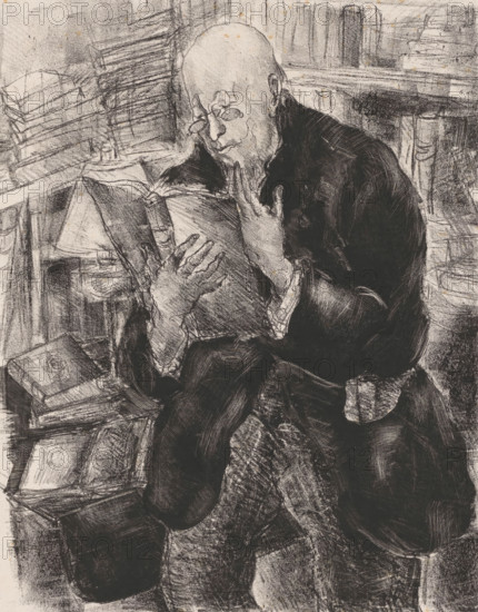 Reading man in a library, print, In a room full of books stands a bald man with a book in his hands. On his nose he wears a pince-nez., annotation: 'eprueve d'artiste 1, 15', printmaker: Luc-Albert Moreau (signed by artist), Paris, 1892 - 1948, Luc-Albert Moreau, printmaker, chine collé, paper, lithography, lithografie, height 510 mm x width 435 mm, study, 'studiolo', library, reading, book, eyeglasses, spectacles, A monochrome sketch shows an elderly bald man seated and hunched over an open book, wearing round spectacles and a dark coat; one hand holds the book while the other touches his face near the chin, and his facial features and hands are rendered with fine, textured lines. Books and shelves surround him in the background, with stacked volumes and a lamp visible amid rough, crosshatched shading, and the overall scene is composed of dense, expressive charcoal or ink strokes creating contrasts between light and dark areas.