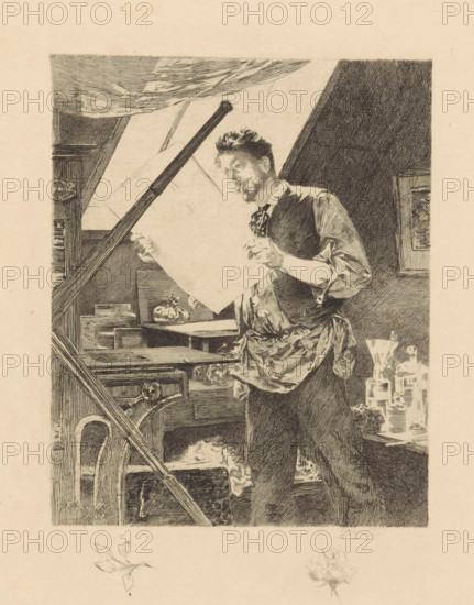Portrait of Félicien Rops in his studio, print, The artist inspects a print, behind him on a table printmaking materials, in the foreground a part of the wheel of a printing press., printmaker: Fernand Desmoulin, after design by Paul Mathey, c. 1875 - c. 1900, paper, Japanese paper (handmade paper), etching, drypoint, etching and drypoint on Japanese paper, height 195 mm x width 160 mm, The print can be compared to the painting by Paul Mathey with the same subject (Château Versailles MV 6146), which shows the artist's studio., Person, Félicien Rops, printing press, tools, implements of graphic artist, graphic artist, eg: engraving, lithograph, A monochrome etched scene shows a man standing in a cluttered interior, holding a large sheet of paper with both hands and tilting his head to look at it; he has tousled hair and a beard and wears a rolled-sleeve shirt, a vest, and a loosely tied neckcloth with an apron tied around his waist. Around him are workshop elements including a table wit...