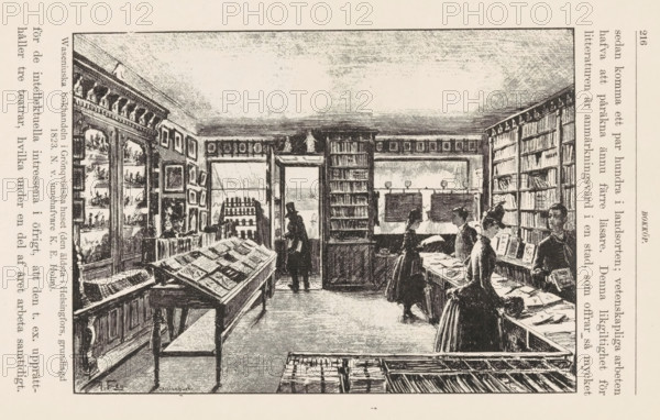 Interior of the Wasenius bookstore in Helsinki, print, book illustration, printmaker: unknown, after design by Aleksander Thiodolf Federley, publisher: Holm's Förlag, KE, 1888, unknown, Aleksander Thiodolf Federley, Holm's Förlag, paper, wood engraving, letterpress printing, text in letterpress, height 159 mm x width 225 mm, Print probably from: Hertzberg, Rafaël. Helsingfors for trehundra år sedan och i våra dagar. Helsinki: KE Holm's Förlag, 1888. The bookshop was located in the Grönqvistska huset. On the reverse, an image of a printing shop., book-shop, bookseller, A black and white illustration of an interior room with tall bookshelves lining the walls, tables and display stands filled with open books and papers, framed pictures and decorative panels above the shelves, and several people in period clothing standing and sitting as they examine the books; an open doorway at the back shows a silhouetted figure in a coat and hat, while three women in long dresses and bonnets are gather...