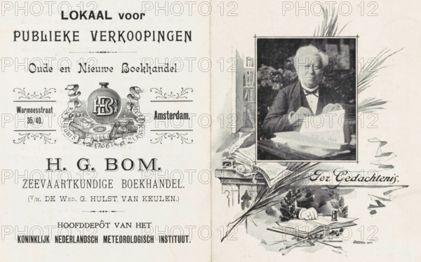Portrait of Hendricus Gerardus Bom, print, Portrait of bookseller, publisher, and auctioneer Hendricus Gerardus Bom, after photo by anonymous, writer (clerical worker): Gerrit Dirk Bom H.Gz., Amsterdam, 1901-01, printmaker, writer (clerical worker), paper, autotype, letterpress printing, autotype with text in letterpress on verso., height 143 mm x width 225 mm, On the front of a card in which Gerrit Dirk Bom H.Gz. thanks for the condolences following the death of his father, HG Bom, on December 12, 1900. He further states that he will continue his father's business under the old name. On the back, the address of the shop., Person, Hendricus Gerardus Bom, The image shows a two-page printed layout with decorative illustrations and a framed portrait of an older man seated and looking toward the camera, wearing a dark suit and bow tie and holding an open book or papers on a table in front of him; surrounding the portrait are drawn botanical elements and an illustrated desk scene with an in...