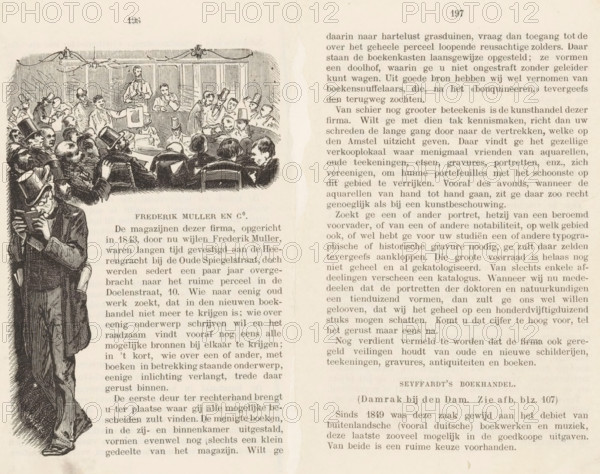 Auction at Frederik Muller and Co., print, book illustration, In the foreground a reading man, behind him the auction room with the auctioneer on a raised platform., printmaker: Johannes Walter, publisher: Holkema & Warendorf, Van (possibly), Amsterdam, 1892, paper, wood engraving, letterpress printing, text in letterpress, height 162 mm x width 207 mm, Print possibly from: Illustrated Guide to Amsterdam. Amsterdam: Van Holkema and Warendorf, 1892., newspaper, news-sheet, art collecting, art sale, auction, A printed page showing an illustration of a crowded room with seated and standing men, many wearing top hats and formal coats, gathered around a central figure who appears to be holding up a rectangular object, while additional men sit or stand behind a bench or table at the front; the left margin shows a larger figure in a long coat and top hat holding a small object close to his face, and the right side of the page contains dense columns of printed text.