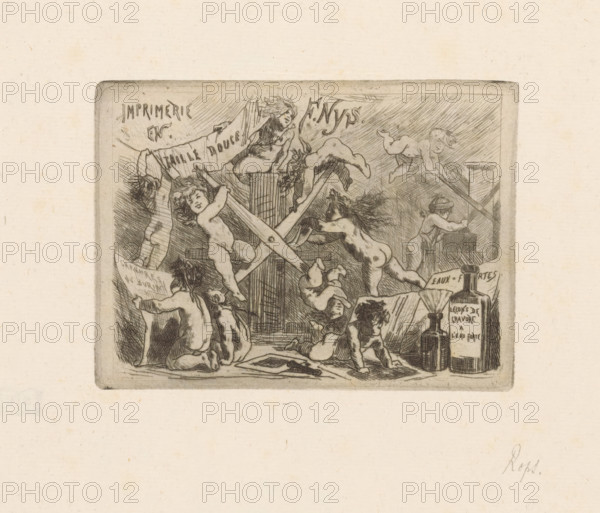 Business card of printer François Nys, print, visiting card, Depiction of eleven putti in a printing shop examining prints, operating two printing presses, and inking a print. Two bottles of etching water in the lower right., watermark, printmaker: Félicien Rops, printer (person): François Nys (possibly), 1878, printer (person), paper, etching, drypoint, intaglio printmaking technique, drypoint etching and plate tone, height 86 mm x width 117 mm, printing press, tools, implements of graphic artist, cupids: 'amores', 'amoretti', 'putti', A rectangular etched scene framed by a darker border shows several nude cherubic figures interacting with large crossed tools and printing press elements, with some figures climbing, reaching, or reclining on geometric structures; a seated adult figure leans over a box at the right while a bottle and smaller vessel sit nearby on a ledge; draped fabric and a partially visible banner hang above, and a figure with flowing hair leans over from the upper cen...