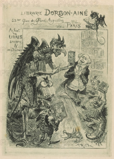 Business card of the Dorbon-Ainé bookstore in Paris, print, visiting card, Interior of a bookstore with a devil in the center with chicken feet, tail, wings, and horns offering a book to a bookseller sitting on a small ladder in front of a bookcase. In the room are eight other devils or fantasy figures, most of whom are holding books., printmaker: Albert Robida, publisher: Librairie Dorbon-Ainé (possibly), 1901 - 1924, paper, etching, drypoint, intaglio printmaking technique, drypoint etching and plate tone in green, height 160 mm x width 116 mm, book, book-shop, bookseller, devil(s) and demons, bookshelves, A detailed ink drawing shows a tall winged creature with a beaklike face and horns leaning toward a seated man who gazes upward with a pleased expression while clutching a small book; the creature holds another book and stands among smaller fantastical figures including an owl holding a book, a small impish character with round glasses offering a book, and other goblinlike creature...