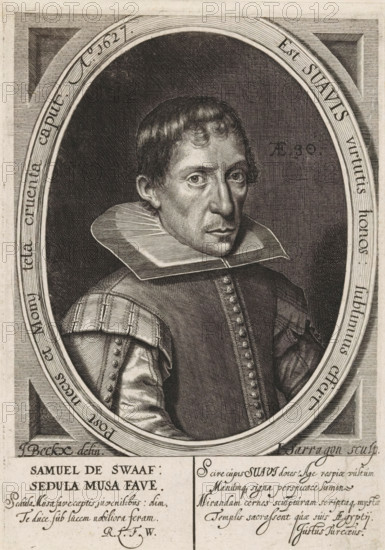 Portrait of Samuel de Swaef, print, Bust facing right of the artist Samuel de Swaef in a frame with Latin inscription. The inscription contains information about the sitter. Below that, an anagram of his name with a two-line Latin text, and in the lower right corner another four-line text in Latin., printmaker: Joannes Sarragon, Middelburg (possibly), after drawing by Jaspar Beckx, writer (clerical worker): Monogrammist RLFW, writer (clerical worker): Justus Turcq, Bergen op Zoom (possibly), 1627, writer (clerical worker), paper, engraving, stipple engraving, engraving and stipple engraving, height 180 mm x width 125 mm, The print was also used as a book illustration in: Meertens, PJ Letterkundig leven in Zeeland in de zestiende en de eerste helft der zeventiende eeuw, Amsterdam: NV Noord-Hollandsche Uitgevers Maatschappij, 1943., Person, Samuel de Swaef, historical persons, portrait, self-portrait of graphic artist, A sepia-toned engraved portrait shows a man inside an oval frame wear...