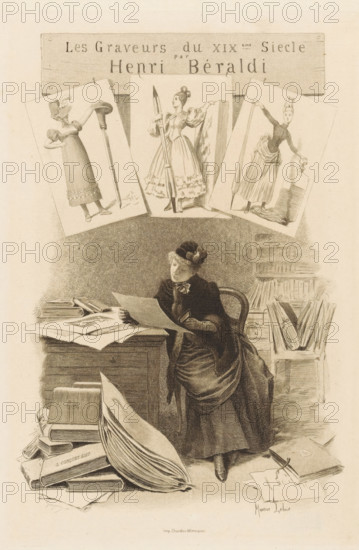 Woman examining prints behind a desk, Title page in front: Henri Béraldi, Les graveurs du XIXe siècle, 1899, print, title page, A woman examines prints behind a desk, a print in one hand, a magnifying glass in the other. Loose prints, albums, and portfolios lie scattered across the desk and on the floor. Three prints are depicted above the woman. It shows three women with the tools of a printmaker: a burin, a chalk holder and an etching needle., printmaker: Eugène Gaujean, after design by Maurice Leloir, printer (person): Chardon-Wittmann, Paris, publisher: Léon Conquet, printer (person), paper, etching, soft-ground etching, roulette, varnish mous and roulette, height 207 mm x width 140 mm, Title page for: Béraldi, Henri. Les engravers du XIXe siecle. Guide de l'amateur d'estampes moderns. Paris: L. Conquet, 1889., tools, implements of graphic artist, art collection, art gallery, A monochrome illustration shows a seated woman wearing a long dress, coat with fur trim, gloves, and a hat ...