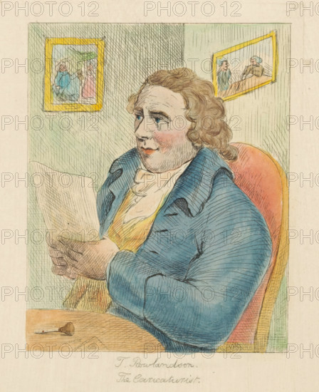 T. Rowlandson The Caricaturist, Portrait of Thomas Rowlandson, print, Portrait of Rowlandson seated on a chair behind a table; in his hands he holds a print, a burin lies on the table. Two framed prints hang on the wall., watermark, c. 1800 - c. 1825, printmaker, paper, etching, hand coloring, hand-colored, height 173 mm x width 125 mm, Person, Thomas Rowlandson, tools, implements of graphic artist, graphic artist, A seated figure with curly brown hair and blue eyes wears a blue coat and a light scarf, holding a sheet of paper in both hands while sitting in a red-backed chair; the face shows flushed cheeks and a slightly open mouth. The scene includes two framed pictures on a greenish, hatched wall behind the figure, each with yellow frames and small painted scenes inside them. A wooden table edge appears at the bottom with a small cone-shaped object and additional papers on its surface. The image is rendered in a hand-colored, crosshatched illustration style.