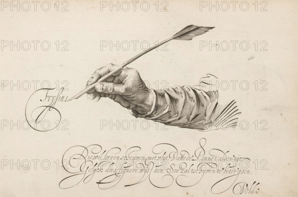 Right hand with quill, Mirror of the Art of Writing, print, album page, ornamental print, Frysius writing. With a two-line caption in French: He who wants to learn to write diligently ..., printmaker: Simon Frisius, Haarlem, after design by Jan van de Velde (I), Rotterdam, 1605, paper, engraving, gravure, height 210 mm x width 320 mm, calligraphy, quill, handwriting, writing as activity, A detailed ink drawing of a right hand and forearm emerging from a draped sleeve, holding a long feathered quill between the fingers, with fine line shading defining knuckles, folds of fabric, and the feather's barbs, set against a plain, lightly textured background.