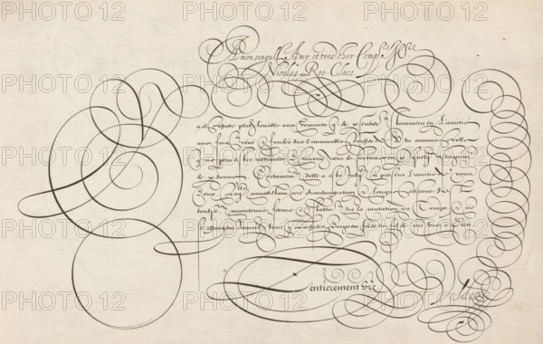 Writing sample: A mon singulier amy, Spieghel der schrijfkonste, print, album page, ornamental print, et tres-cher compfrere Illustre Nicolas Roo-Claes. Below that, in a different font, an initial Y and seven lines of text in French: Y a il chose ... The text is framed by scrollwork., printmaker: Simon Frisius, Haarlem, after design by Jan van de Velde (I), Rotterdam, dedicated to: Nicolaes Rooclaes, 1605, paper, engraving, gravure, height 210 mm x width 320 mm, calligraphy, A sheet of aged paper with ornate dark ink flourishes and looping calligraphic strokes covering much of the surface, featuring large sweeping spirals and concentric circles on the left, intertwined oval and ribbon-like curves across the center, and dense, tightly looped ornamental lines forming vertical columns and clustered swirls on the right, with smaller delicate curlicues and decorative penmanship filling spaces between the larger designs and faint paper texture visible in the background.