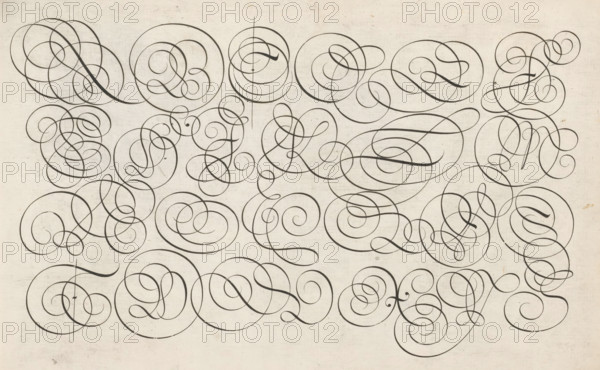 Writing example: the alphabet in four lines of capitals, Spieghel der schrijfkonste, Thrésor litéraire, print, album page, ornamental print, Writing example with the alphabet in four lines of capitals., printmaker: Simon Frisius, Haarlem, after design by Jan van de Velde (I), Rotterdam, 1605, paper, engraving, gravure, height 210 mm x width 320 mm, calligraphy, A textured light beige background covered with many dark gray looping flourishes and ornate spirals that vary in thickness and overlap across the surface, forming interconnected circular and curving shapes with occasional thicker strokes and tapering ends, some enclosed within larger loops and others extending outward, with subtle paper creases and small scattered specks visible beneath the drawn lines.