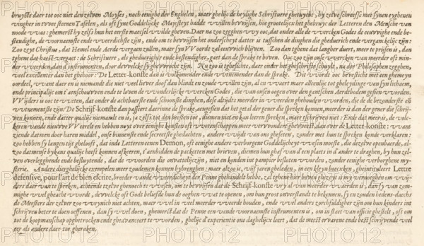 Praise of writing, page 2 of 2, Praise of the pens, against the petty critics of them, Mirror of writing, album page, text sheet, Text sheet with a praise of writing, page 2 of 2. The text sheet is part of an album., writer (clerical worker): Jan van de Velde (I), Rotterdam, 1605, writer (clerical worker), paper, letterpress printing, text in letterpress, height 210 mm x width 315 mm, A rectangular sheet with aged cream paper filled edge to edge with dense rows of dark brown handwritten script in a flowing italic style, with evenly spaced lines and uniform margins; the ink shows slight variations in darkness and occasional small smudges, and the paper has subtle discoloration and faint foxing around the edges.