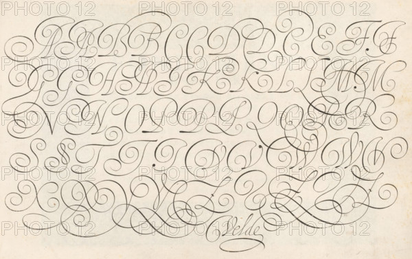 Writing example: the alphabet in five lines of capitals, Spieghel der schrijfkonste, Thrésor litéraire, print, album page, ornamental print, Writing example with the alphabet in five lines of capitals., printmaker: Simon Frisius, Haarlem, after design by Jan van de Velde (I), Rotterdam, 1605, paper, engraving, gravure, height 210 mm x width 320 mm, calligraphy, A sheet with a light beige background covered across its surface by dark, flowing calligraphic strokes forming ornate, looping shapes that vary in thickness and curvature, arranged in horizontal rows and overlapping in places, with many elegant spirals, elongated swashes, and decorative flourishes that create a rhythmic, repeating pattern across the page.