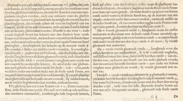 Instruction on writing Dutch literature (fourth continuation), Instruction on writing Dutch coarse and small letters, Mirror of the art of writing, Foundation Book, album page, text sheet, Folio G2r with the fourth continuation of the instruction on writing Dutch literature. The page is part of an album., writer (clerical worker): Jan van de Velde (I), Rotterdam, 1605, writer (clerical worker), paper, letterpress printing, text in letterpress, height 210 mm x width 315 mm, A close-up of an aged, cream-colored printed page showing two columns of dense serif text separated by a thin vertical space, with slightly uneven ink tone and faint foxing marks on the paper; the left column is wider and the right column continues to the bottom where a small cluster of printed characters appears near the lower margin; the type shows irregularities in letter darkness and some ink smudging, and the paper has a subtle grain and faint discoloration toward the edges.