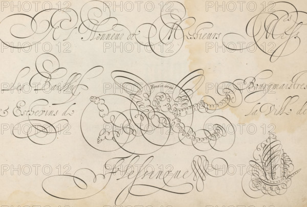A l'Honneur de messieurs ms les bailif bourgmaistres et bschevins de la ville de Flessingue, Calligraphed dedication with Faam and a ship in scrollwork, 't Magazin oft pac-huys der loffelycker penn-const, print, album page, ornament print, Calligraphed dedication to the city of Vlissingen. In the center Fame with two trumpets and in the lower right a ship in scrollwork., printmaker: Simon Frisius, after design by David Roelands, Flushing, dedicated to: Burgomasters, aldermen and council of the city of Vlissingen, 1616 - 1617, paper, engraving, gravure, height 228 mm x width 345 mm, ships (in general), Fame, 'Fama', 'Fama buona', 'Fama chiara' (Ripa), calligraphy, A cream-colored sheet covered in elegant dark ink flourishes and looping calligraphic strokes, featuring a central playful cherub figure formed from continuous spiraling lines with rounded wings and a smiling face, surrounded by ornate circular and oval swirls that extend across the page, larger sweeping loops and delicate thi...