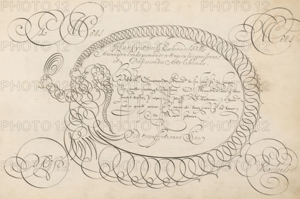 Writing sample with a figure looking in a mirror in scrollwork, 't Magazin oft pac-huys der loffelycker penn-const, print, album page, ornamental print, Writing sample with a figure looking in a mirror in scrollwork and five lines of text in French: ... Empereur des Romain ... Above this a three-line text with a dedication to Johan Coutereels, schoolmaster and alderman in Arnemuiden., printmaker: Simon Frisius, after design by David Roelands, publisher: David Roelands, Flushing, dedicated to: Johan Coutereels, Arnemuiden, 1616 - 1617, Simon Frisius, David Roelands, Johan Coutereels, printmaker, after design by, publisher, paper, engraving, gravure, height 228 mm x width 345 mm, calligraphy, A large decorative ink drawing on a textured pale paper shows an ornate circular border made of repeated overlapping loops framing a central area. Inside and around the border are many flowing curvilinear flourishes and spirals that form decorative shapes, including a stylized figure composed of tig...