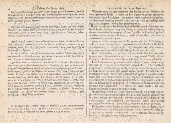 Explanation of the prints, text sheet, Explanation of the prints in French and Dutch, page 4. Text sheet is part of an album., writer (clerical worker): Charles Perrault, translator: François de Kaarsgieter, Amsterdam, publisher: Pieter Schenk (I), 1693, writer (clerical worker), paper, letterpress printing, text in letterpress, height 219 mm x width 310 mm, An aged, off-white sheet with printed columns of small, dark serif text separated by a thin vertical rule, showing uneven paper texture and faint foxing spots, margins around the edges, and a slight shadowing near the center fold.