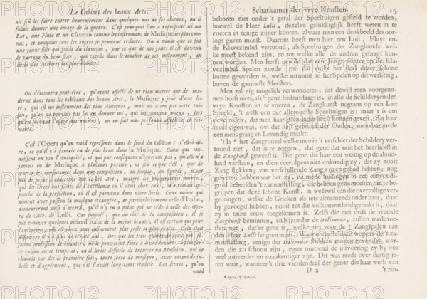 Text sheet about Music, text sheet, Explanation of the print with the representation of the personification of Music in French and Dutch, page 15. Text sheet is part of an album., writer (clerical worker): Charles Perrault, translator: François de Kaarsgieter, publisher: Pieter Schenk (I), Amsterdam, 1693, writer (clerical worker), paper, letterpress printing, text in letterpress, height 219 mm x width 308 mm, A close-up of two pages from an old printed book or pamphlet showing dense columns of printed text in two different languages, with a central vertical dividing line between the columns; the left page has a decorative title line at the top in a larger serif type and the right page shows a page number near the top corner; the paper has an aged, slightly yellowed tone with small spots and faint stains, and the printed type varies in weight and italics across paragraphs creating visual contrast.