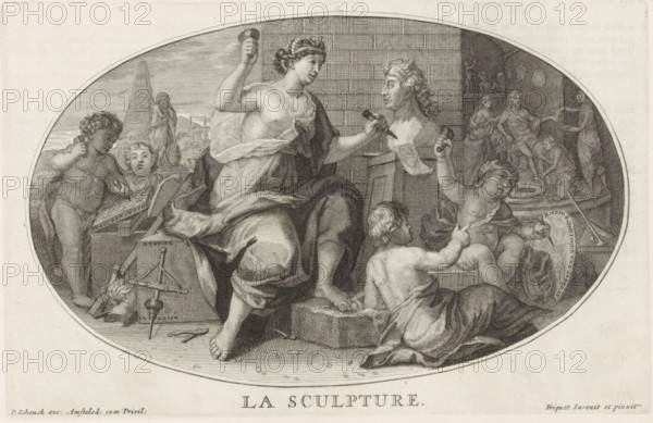 Sculpture, La Sculpture, Le Cabinet des Beaux Arts, The Treasury of the Liberal Arts, print, album page, Ceiling piece with the personification of Sculpture. She is sculpting a bust of Louis XIV. Putti assist her. Print is part of an album., printmaker: Pieter Sluyter, Amsterdam, after print by Louis Cossin, after painting by Jacques-Antoine Friquet de Vauroze, publisher: Pieter Schenk (I), grantor of privilege: Staten van Holland en West-Friesland, 1693, Louis Cossin, States of Holland and West Friesland, after print by, provider of privilege, paper, etching, engraving, etching and engraving, height 170 mm x width 263 mm, 'Sculptura', symbolic representations, allegories and emblems, 'Scoltura' (Ripa), (decorated) ceiling, An oval engraving shows a central seated female figure draped in flowing cloth holding a small mallet in one hand and appearing to work on a sculpted bust placed on a pedestal, surrounded by several putti engaged in various activities; one putto stands at left near ...