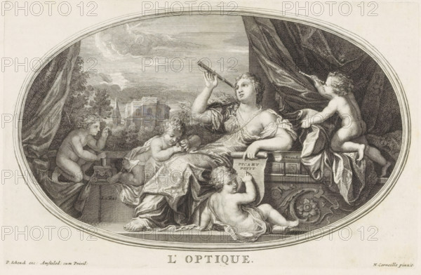 L´Optique, Sight Science, Le Cabinet des Beaux Arts, The Treasury of the Liberal Arts, print, album page, Ceiling piece with the personification of Sight Science. She looks at the sky through a telescope. Next to her, a putto who is also looking through a telescope. On the left, two putti studying small objects. In the background, the Observatory of Versailles. Print is part of an album., printmaker: Pieter Sluyter, Amsterdam, after print by Charles Louis Simonneau, after painting by Michel Corneille (II), publisher: Pieter Schenk (I), grantor of privilege: States of Holland and West Friesland, 1693, Charles Louis Simonneau, after print by, paper, etching, engraving, height 170 mm x width 263 mm, telescope, (decorated) ceiling, optics, An oval engraving shows a seated woman draped in flowing fabric, one arm resting on a ledge and the other raised holding a long tube to her eye as if looking outward, her hair curled and partially covered by cloth. Surrounding her are several young naked...