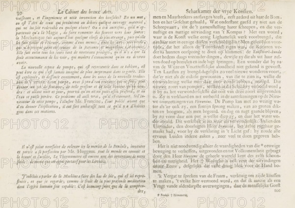 Text sheet about Mechanics, text sheet, Explanation of the print with the representation of the personification of Mechanics in French and Dutch, page 30. Text sheet is part of an album., writer (clerical worker): Charles Perrault, translator: François de Kaarsgieter, publisher: Pieter Schenk (I), Amsterdam, 1693, writer (clerical worker), paper, letterpress printing, text in letterpress, height 219 mm x width 310 mm, An aged, cream-colored sheet showing two columns of printed serif text separated by a vertical margin, with the left column in a darker tone and the right column slightly lighter; the paper displays faint spotting and uneven discoloration, with small smudges and worn edges; there are visible paragraph breaks and varied line spacing, and a faint decorative header centered above the left column; the overall appearance is of an old printed page with subtle texture and slight shadowing near the gutter between columns.
