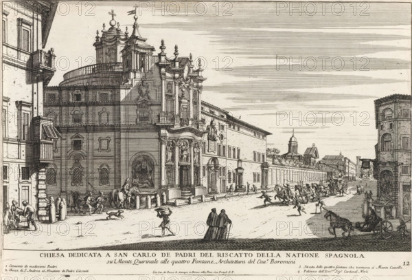 Chiesa dedicata a San Carlo de padri del riscatto della natione Spagnol, San Carlo alle Quattro Fontane in Rome, Modern buildings in Rome, Il nuovo teatro di Roma moderna, Il terzo libro del'novo teatro delle chiese di Roma date in luce sotto il felice pontificato di nostro signore papa Clemente IX... (libro terzo), print, album page, Series number, 12, 38, Title and an explanatory list of numbers in the bottom margin. Print is part of an album., printmaker: Giovanni Battista Falda, Italy, after drawing by Giovanni Battista Falda, publisher: Giovanni Giacomo de' Rossi, Rome, grantor of privilege: Clement IX, Vatican City, dedicated by: Giovanni Giacomo de' Rossi, dedicated to: Clement IX, 1669 - 1670, Giovanni Battista Falda, Giovanni Giacomo de' Rossi, printmaker, after drawing by, publisher, paper, etching, height 235 mm x width 357 mm, This title print is part of a series of 38 prints depicting churches in Rome. Together with four other series, it forms the large series: 'Il nuovo t...