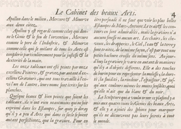 Text sheet with explanation of the prints, p. 4, Explication du desséin general, album page, text sheet, Explanation of the prints in French. Page 4. Text sheet is part of an album., writer (clerical worker): Charles Perrault, publisher: Gerard Edelinck, Paris, 1695, writer (clerical worker), paper, letterpress printing, text in letterpress, height 281 mm x width 380 mm, A close-up of an aged printed page showing two columns of cursive serif text in a dark ink on a light beige paper background, with a decorative title centered at the top of the left column and a small page number near the top right edge, the text lines showing slight ink variations and worn edges, some faint smudging and uneven printing, and the paper displaying a subtle grain and small spots.