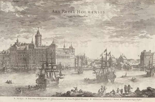 Arx Regia Holmensis versus Orientem, View of Tre Kronor Castle in Stockholm, Suecia Antiqua et Hodierna, print, album page, Tre Kronor, a castle in Stockholm, with various ships in the foreground., printmaker: Adam Perelle, supervision: Erik Jönssen Dahlberg, 1670 - 1674, paper, etching, height 256 mm x width 384 mm, ships (in general), castle, Sweden, Stockholm, Södermalm, Gamla stan, Tre Kronor Castle, A wide engraved waterfront scene shows tall ornate buildings with towers and domes along a quay, several large sailing ships with rigging and flags in the water, small rowboats and groups of people on the shoreline and in the boats, a distant cityscape with clustered rooftops and spires, a pedimented triumphal structure at one side, and a cloudy sky filling the upper part of the image.