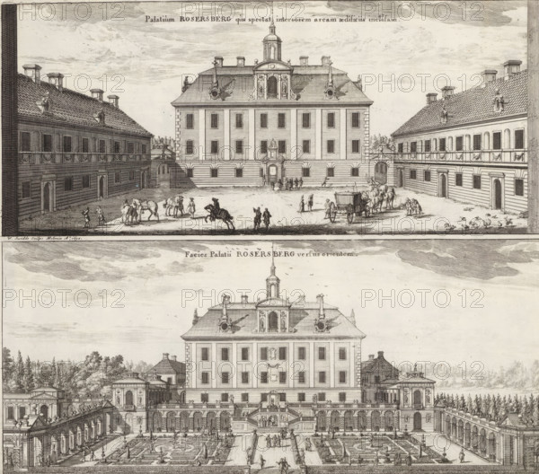 Palatium Rosersberg qua spectat interiorem areaam aedificiis inclusam, Facies Palatii Rosersberg versus orientem, View of Rosersberg Castle, from the courtyard and the east, Suecia Antiqua et Hodierna, print, album page, printmaker: Willem Swidde, Stockholm, supervision: Erik Jönssen Dahlberg, 1695, paper, etching, height 288 mm x width 332 mm, housing, Sigtuna, Rosersberg Castle, A detailed engraved scene of a large symmetrical palace with a central main building flanked by long wings, each with rows of windows and decorative roof elements, a pitched roof on the central block topped by a small cupola, and formal terraces and gardens in front featuring geometric planting beds, pathways, statues, and fountains; numerous small figures populate the courtyard and terraces, including people walking, conversing, riding horses, and attending to carriages and animals, while architectural details such as staircases, balustrades, arched openings, and ornate window surrounds are visible throughou...
